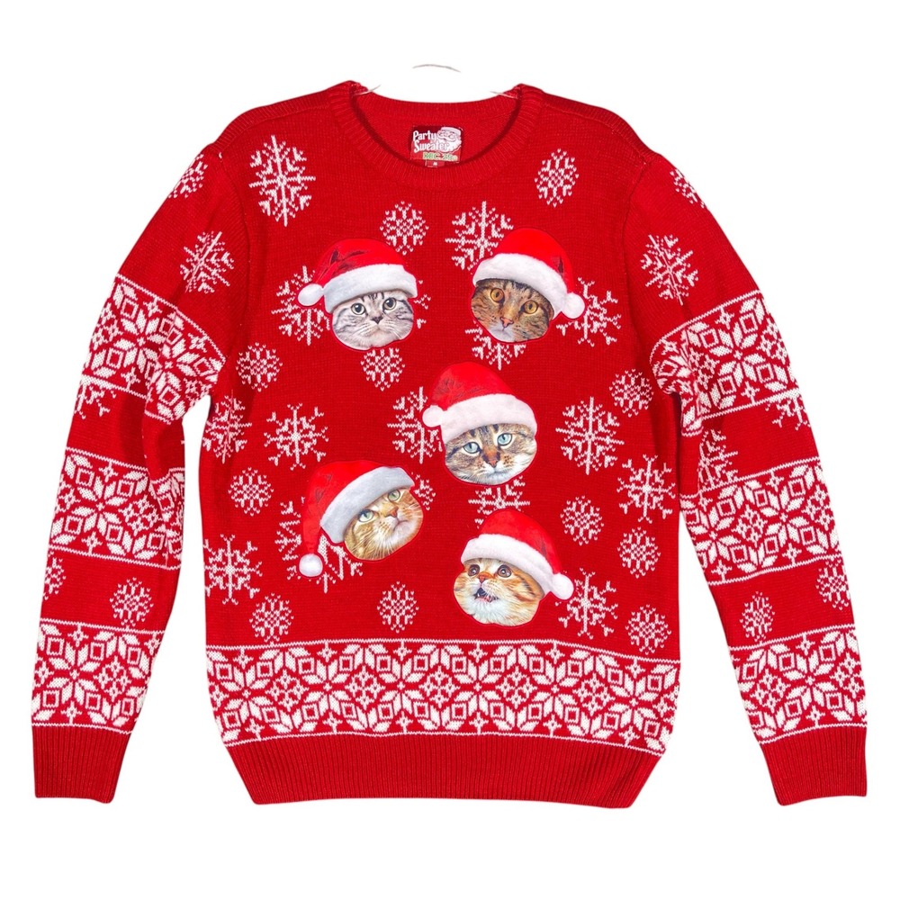 Party Sweater Christmas Cat Sweater Women M Red Santa Cats Ugly Holiday Fair